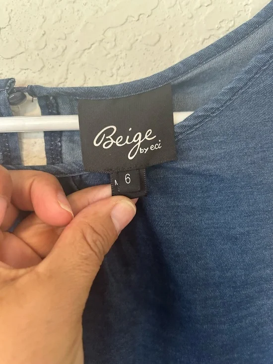 Denim Inspired Chambray Shift Dress White Floral Embroidered Tiered Bell Sleeves - Picture 4 of 8